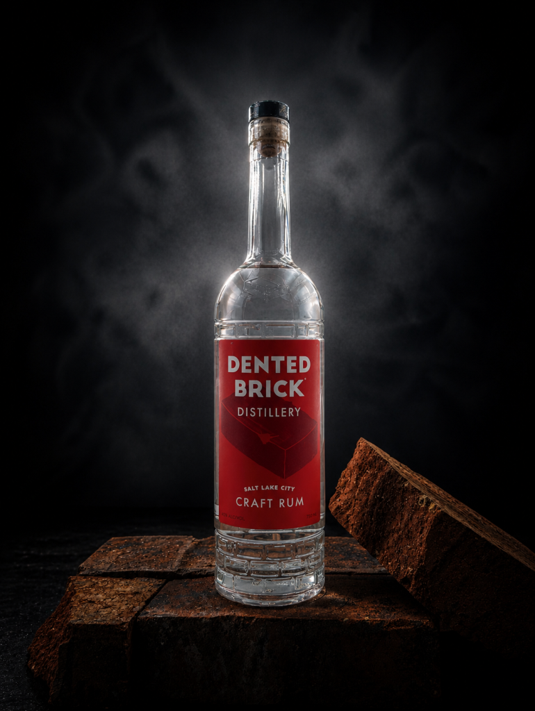 Clear glass bottle of Dented Brick Craft Rum with a red label, centered on brick blocks against a dark background.