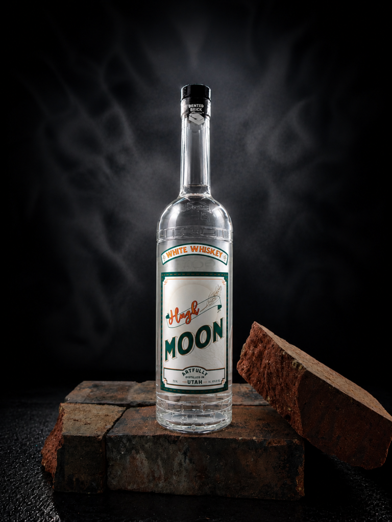 Clear glass bottle of Moon white whiskey standing on weathered brick blocks against a dark, smoky background, label visible.