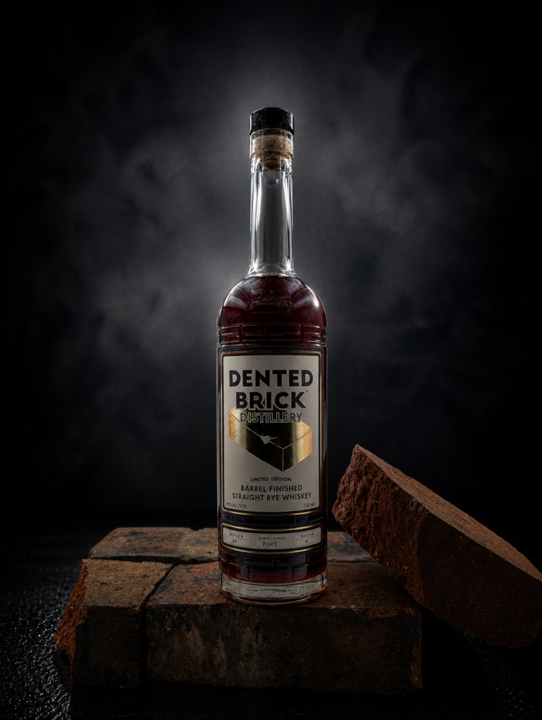 Bottle of Dented Brick Distillery Barrel Finished Straight Rye Whiskey on rustic brick blocks against a dark backdrop, label visible.
