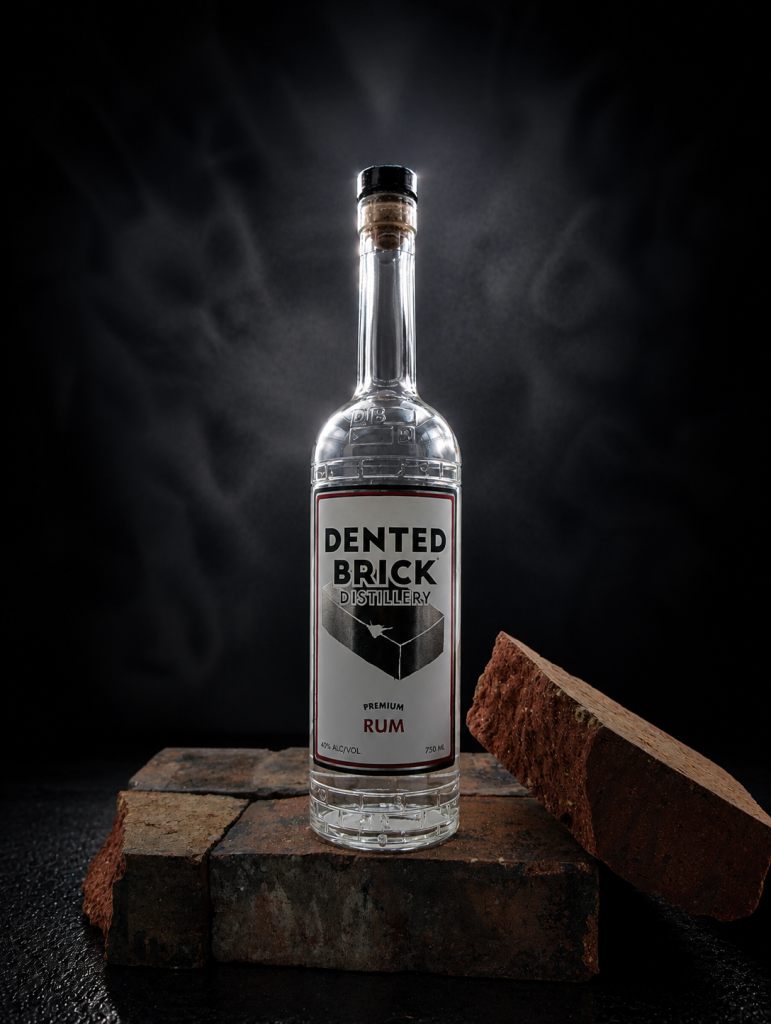 Bottle of Dented Brick Distillery Premium Rum standing on brick blocks with a slanted brick beside it in a dark studio. Label reads 'Dented Brick Distillery Rum'.