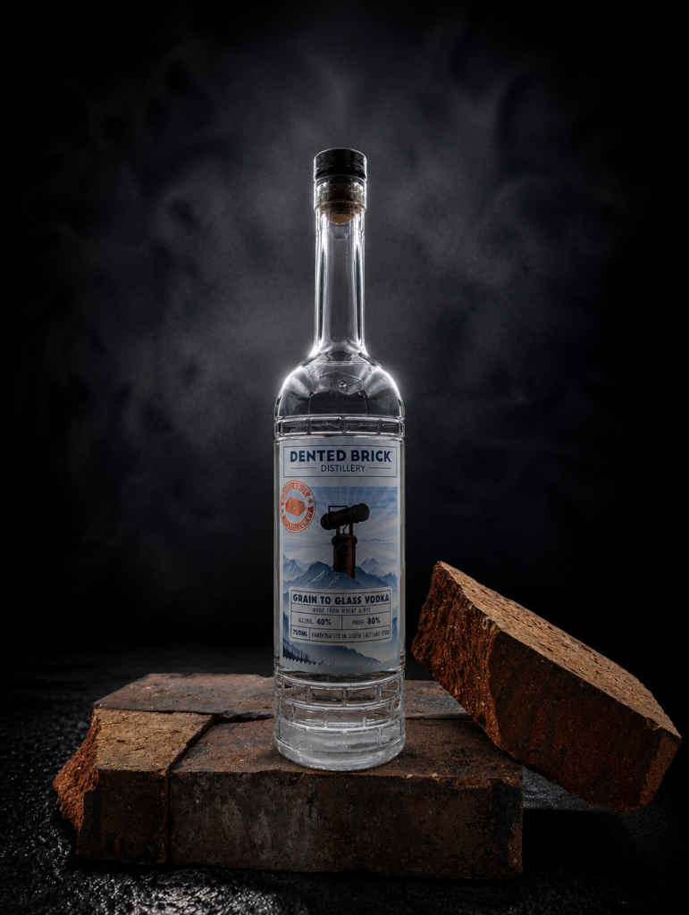 Clear vodka bottle from Dented Brick Distillery sits on stacked bricks against a dark background, with a large brick piece to the side.