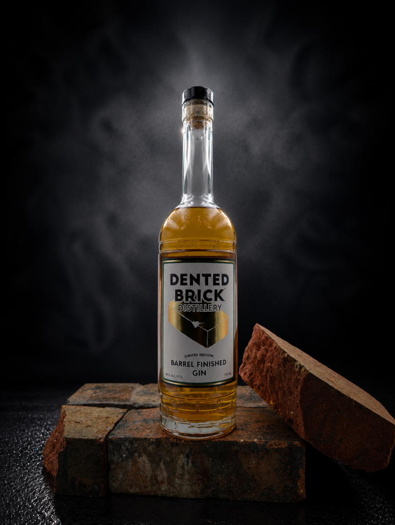 Dented Brick Distillery Barrel Finished Gin bottle centered on rustic brick blocks against a dark background, product shot.