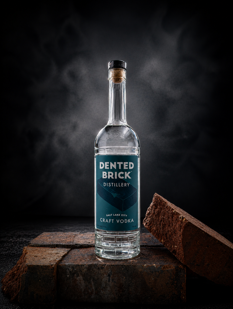 Bottle of Dented Brick Craft Vodka on a brick surface with a dark smoky background, brand name visible on the label.