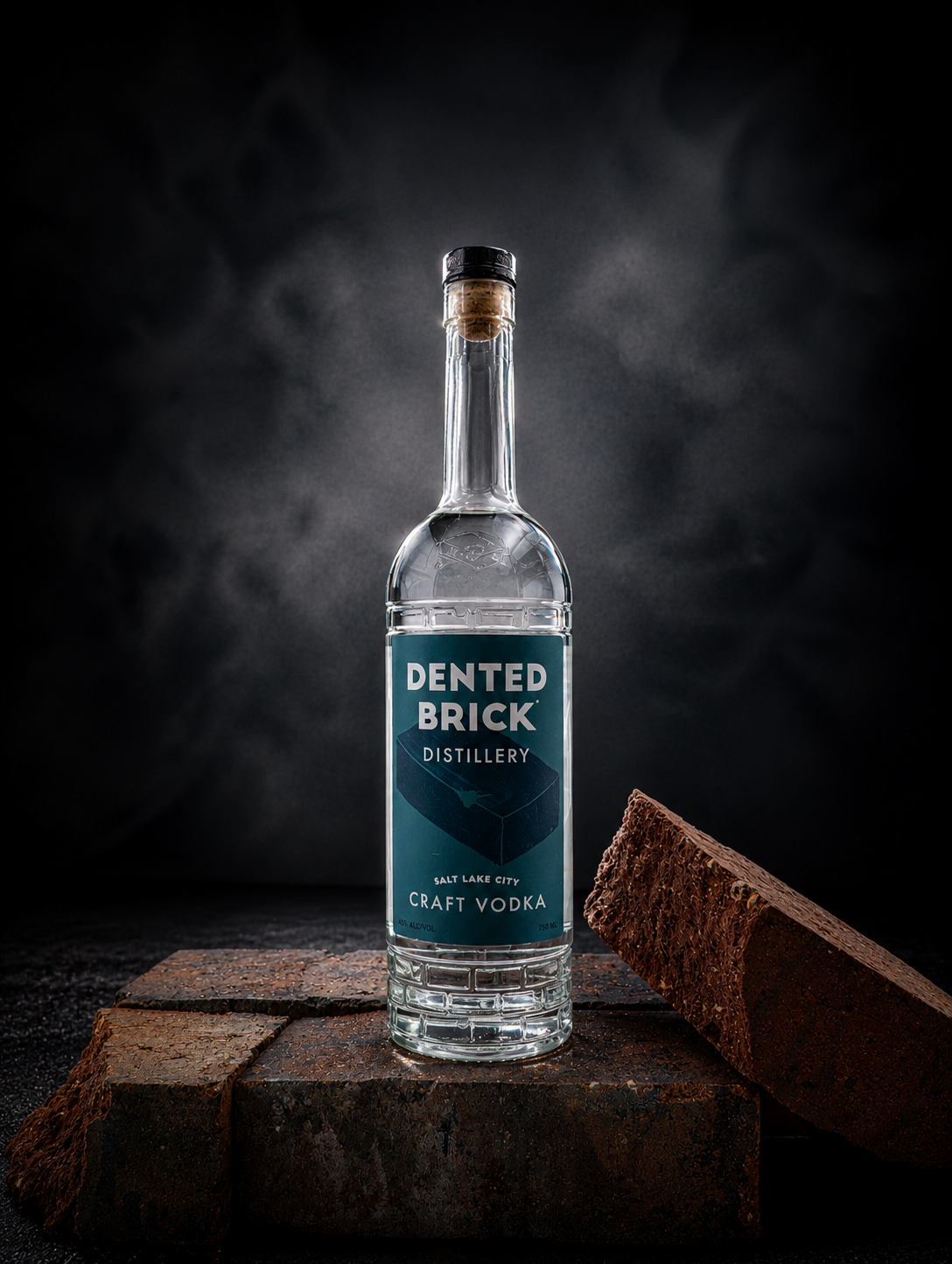 Bottle of Dented Brick Craft Vodka on a brick surface with a dark smoky background, brand name visible on the label.