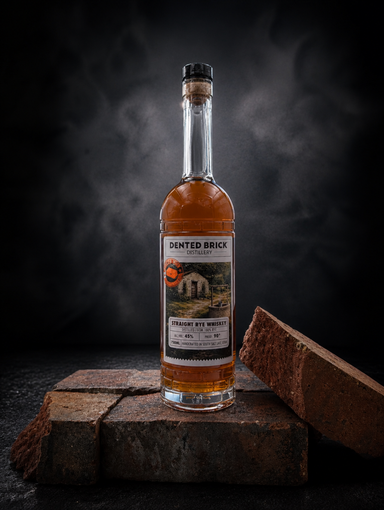 Bottle of Dented Brick Distillery Straight Rye Whiskey on a brick surface with a dark background, amber liquid visible through clear glass.