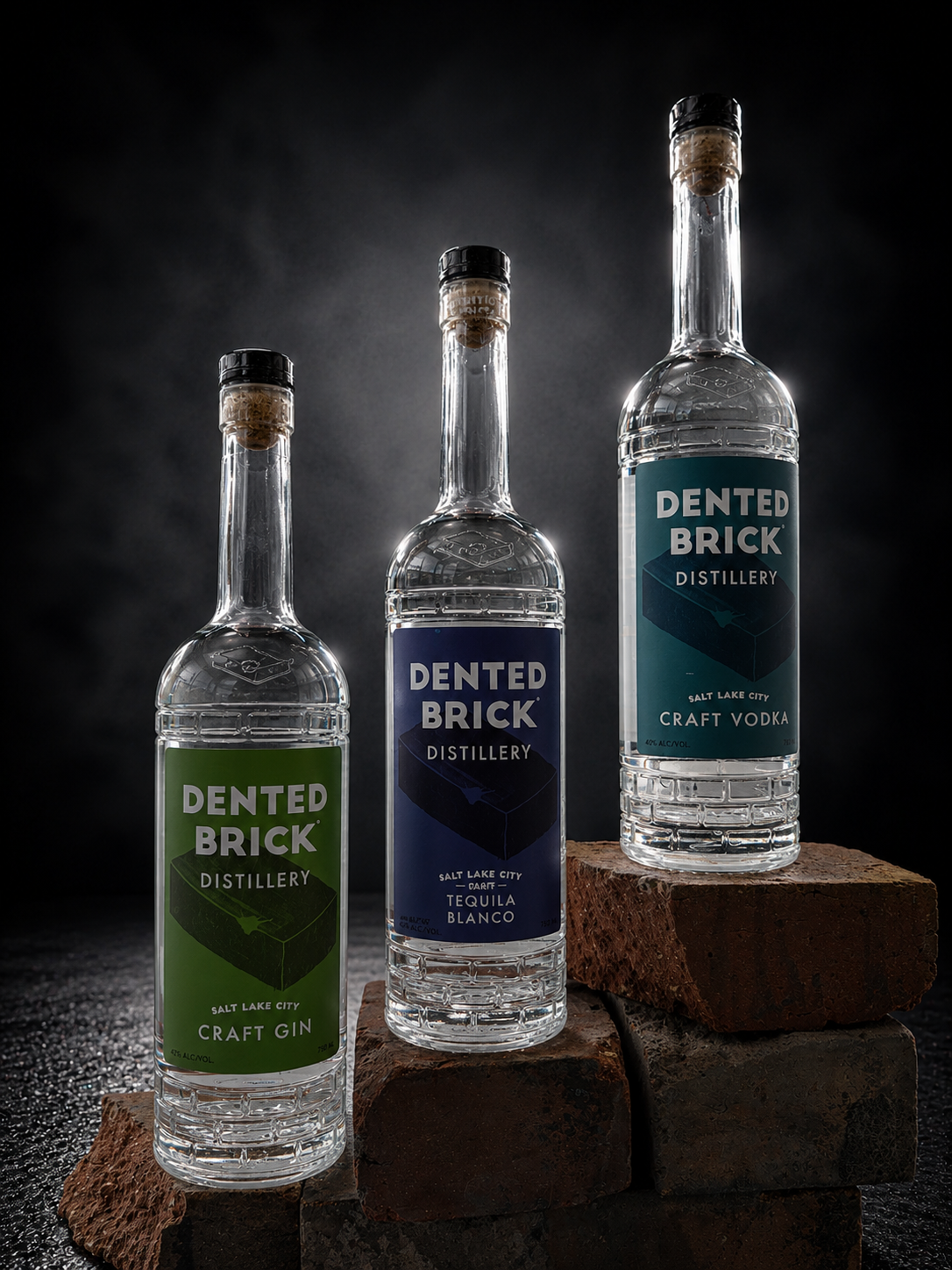 Three Dented Brick Distillery bottles (gin, tequila, vodka) arranged on stacked brick blocks against a dark background, labels visible.