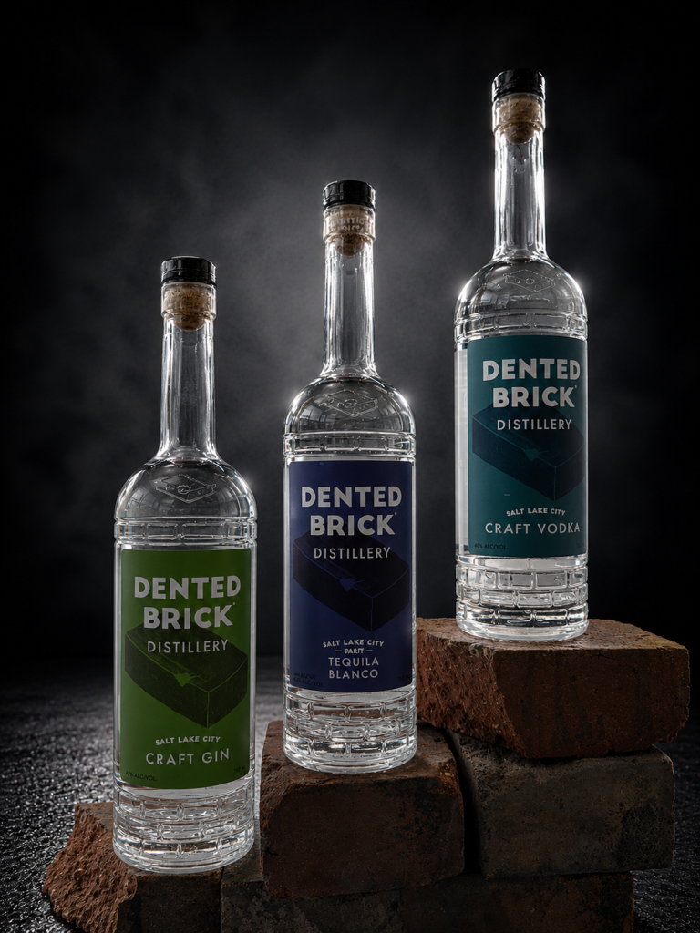 Three Dented Brick Distillery bottles (craft gin, tequila blanco, and craft vodka) on brick blocks against a dark background.